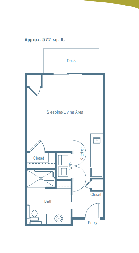 Studio apartment floor plan with a deck, sleeping/living area, and kitchen.