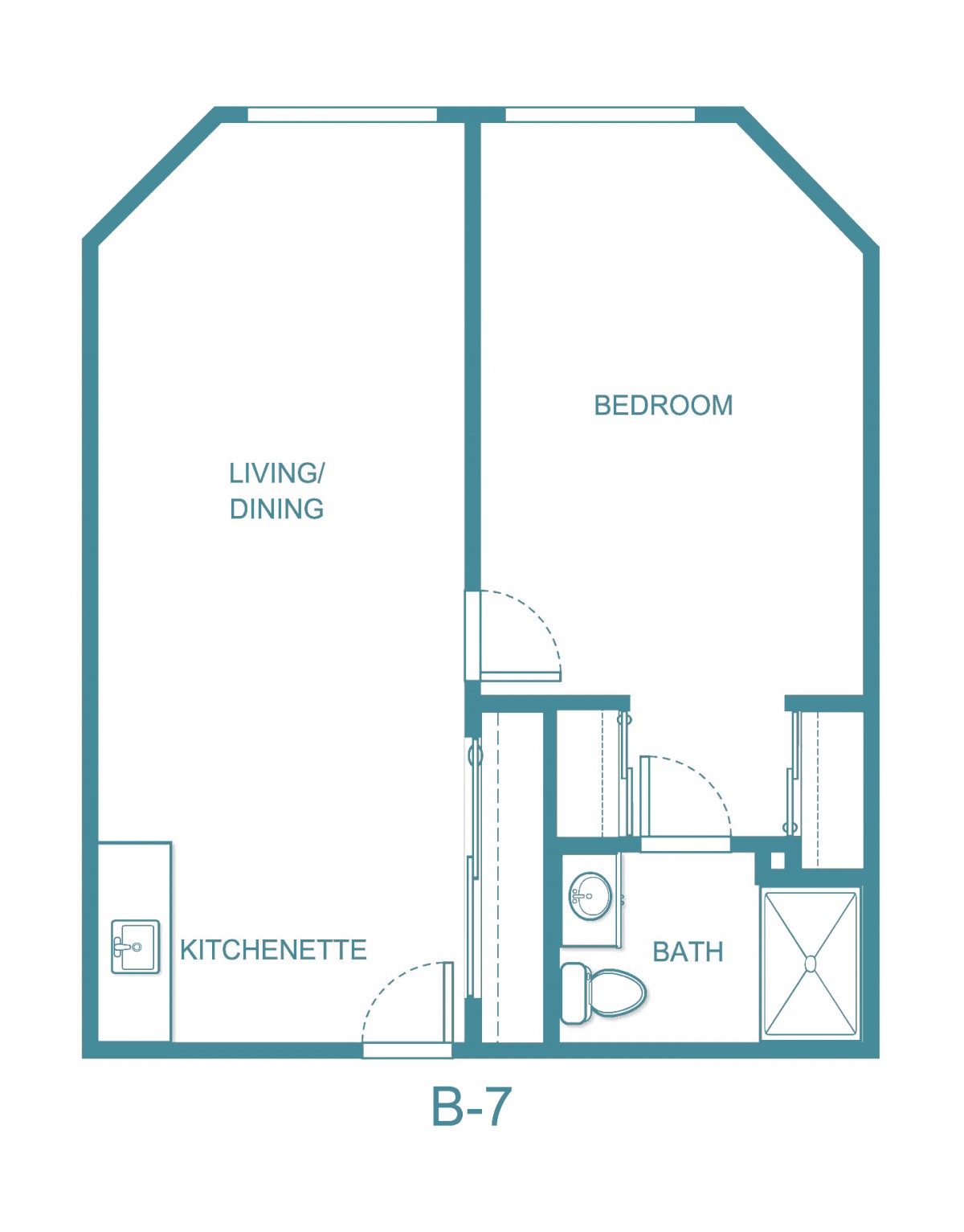 A floor plan of a one-bedroom apartment featuring a kitchenette, living/dining area, bathroom, and bedroom.