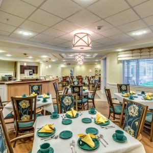 A well-lit, elegantly set dining room with intricately designed chairs and neatly arranged tables.