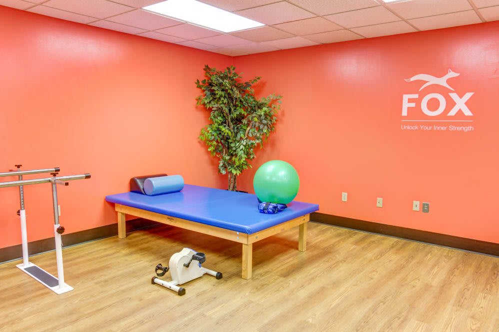 A physical therapy room equipped with a therapy table, yoga mat, exercise ball, pedal exerciser, and an indoor plant against a vibrant orange wall.