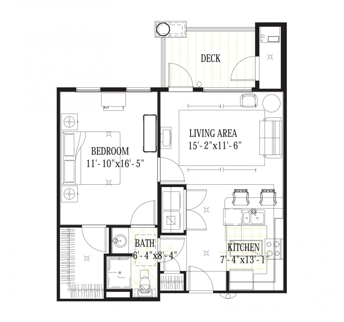 A detailed floor plan of a one-bedroom apartment showing the layout of the rooms including living area, kitchen, bathroom, and deck.