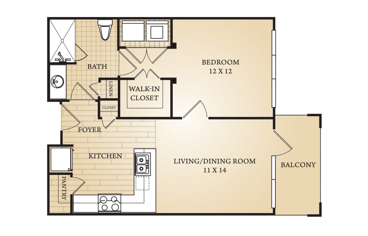 A floor plan of a one-bedroom apartment featuring a living/dining room, kitchen, bathroom, walk-in closet, and balcony.