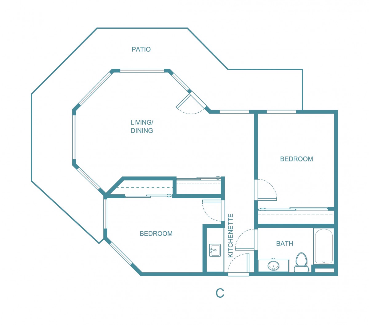 A floor plan depicting the layout of an apartment with a living/dining area, kitchen, two bedrooms, and a patio.