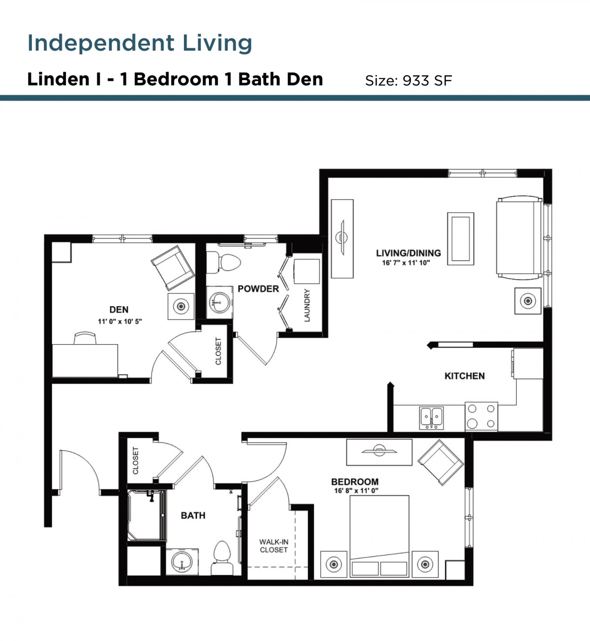 Floor plan of a 1-bedroom, 1-bathroom apartment with a den for independent living.