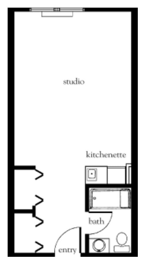 A simple floor plan of a studio apartment with a kitchenette.