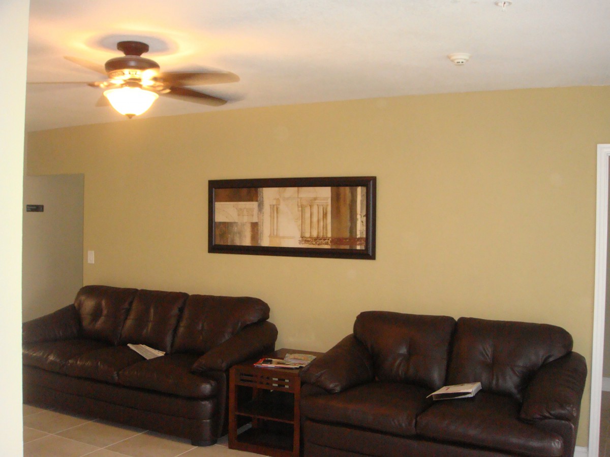A cozy living room with dark leather sofas, a ceiling fan, and a framed painting on the wall.