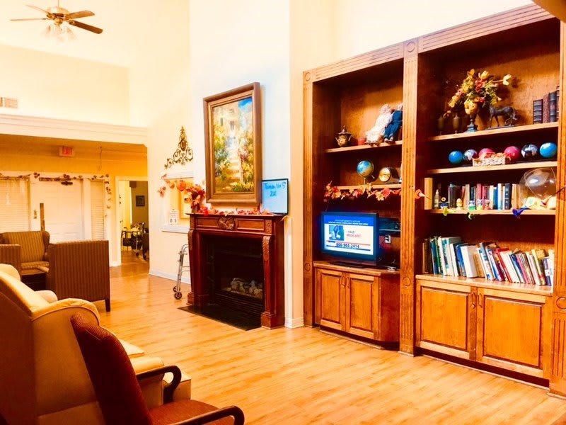 A cozy living room with a fireplace, bookshelf, and a television.