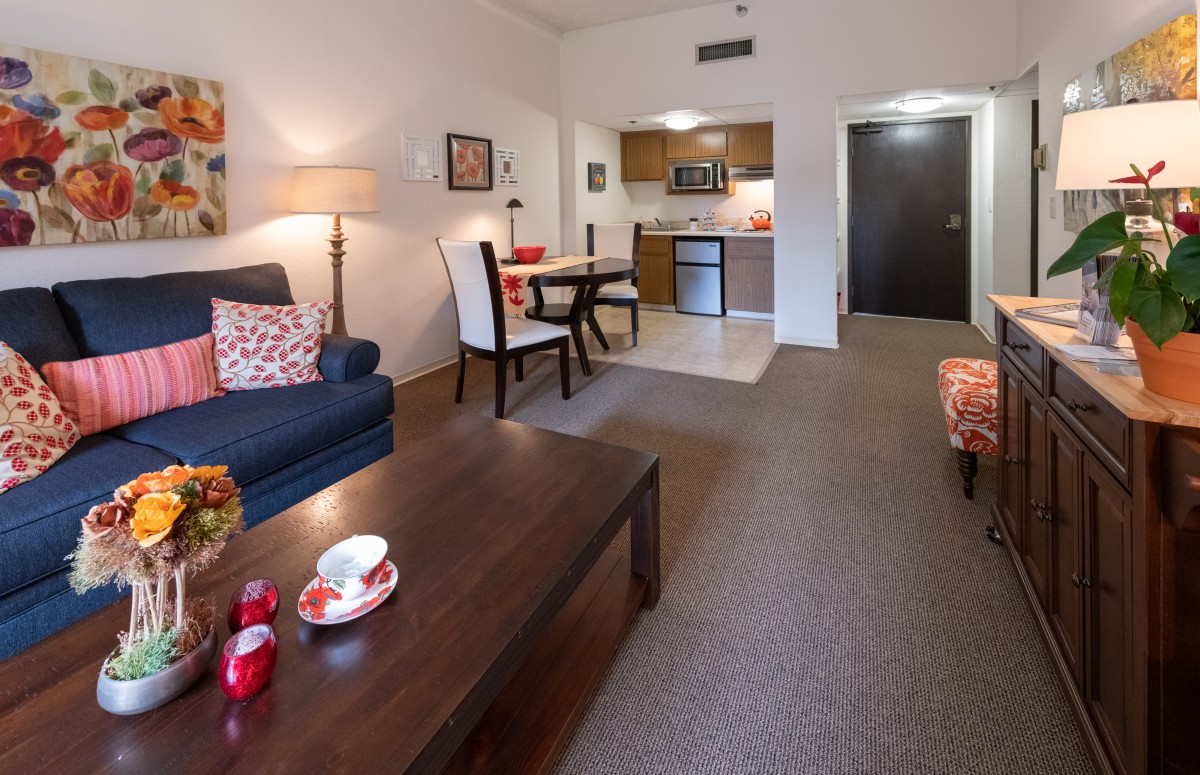 A cozy apartment with a living room, dining area, and kitchen in an open-plan design.