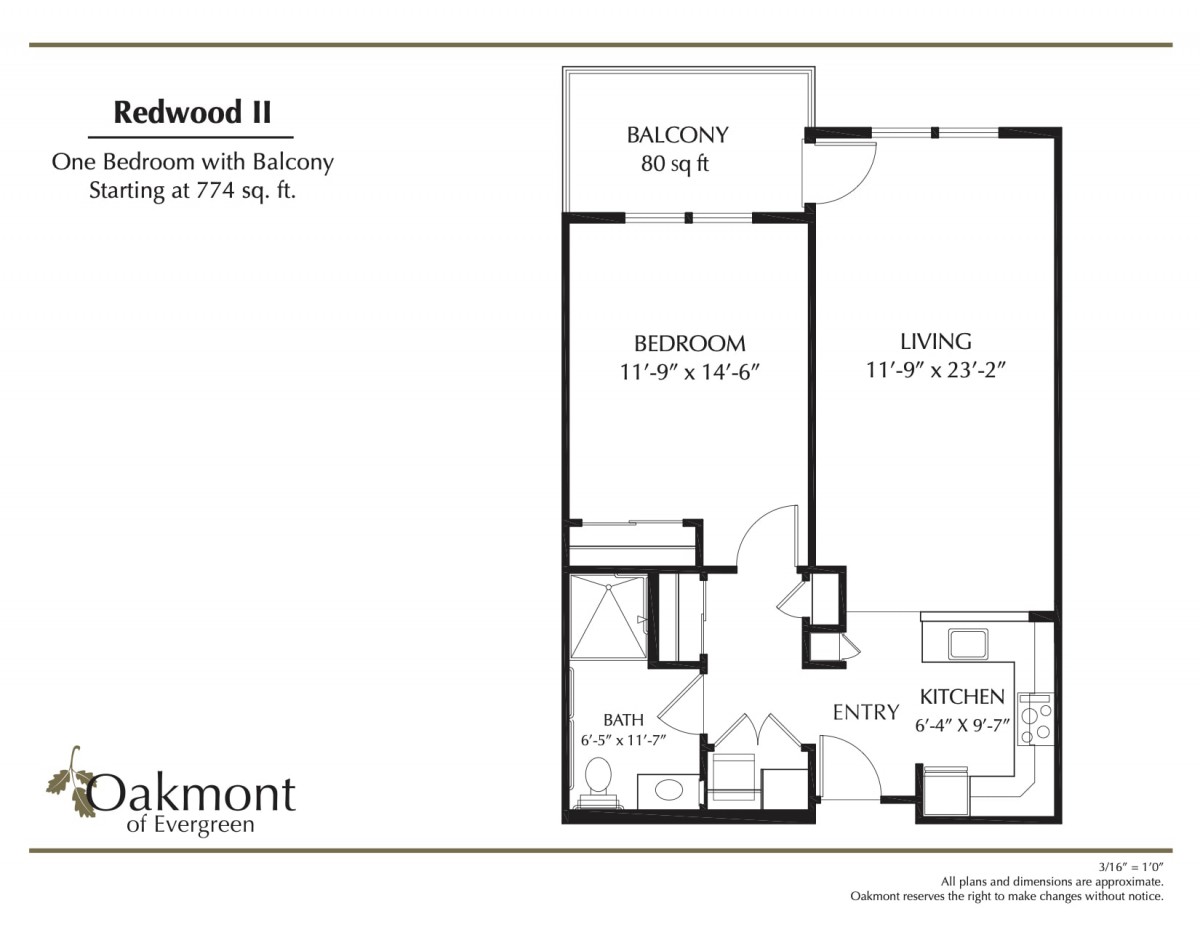 Floor plan of a one-bedroom apartment with a balcony.