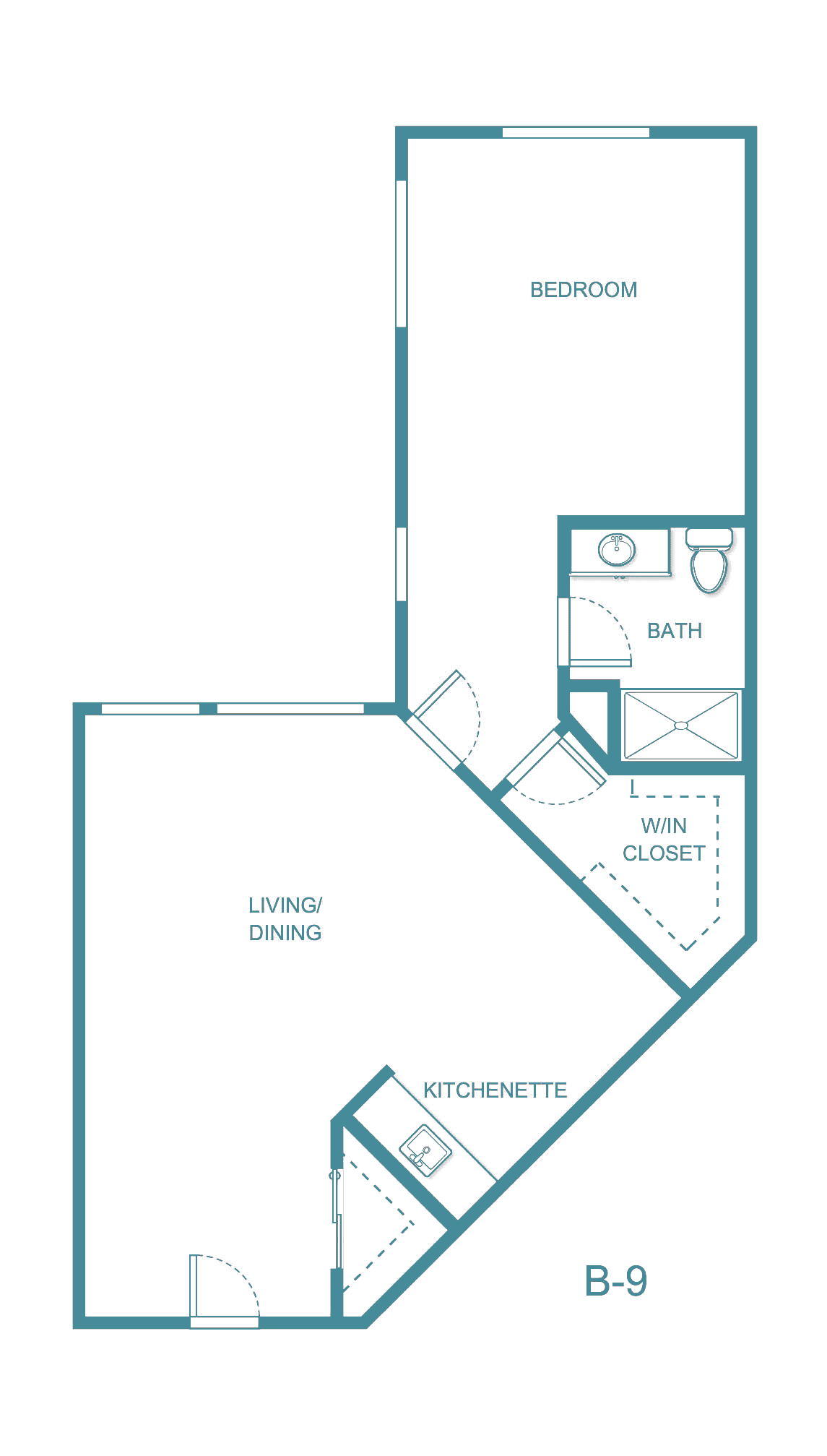 Studio apartment floor plan with kitchenette, living/dining area, bathroom, and closet.