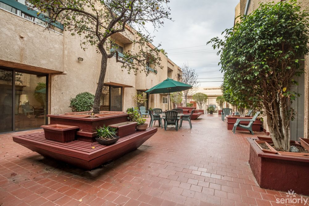 A cozy courtyard with outdoor seating, surrounded by planters and trees.