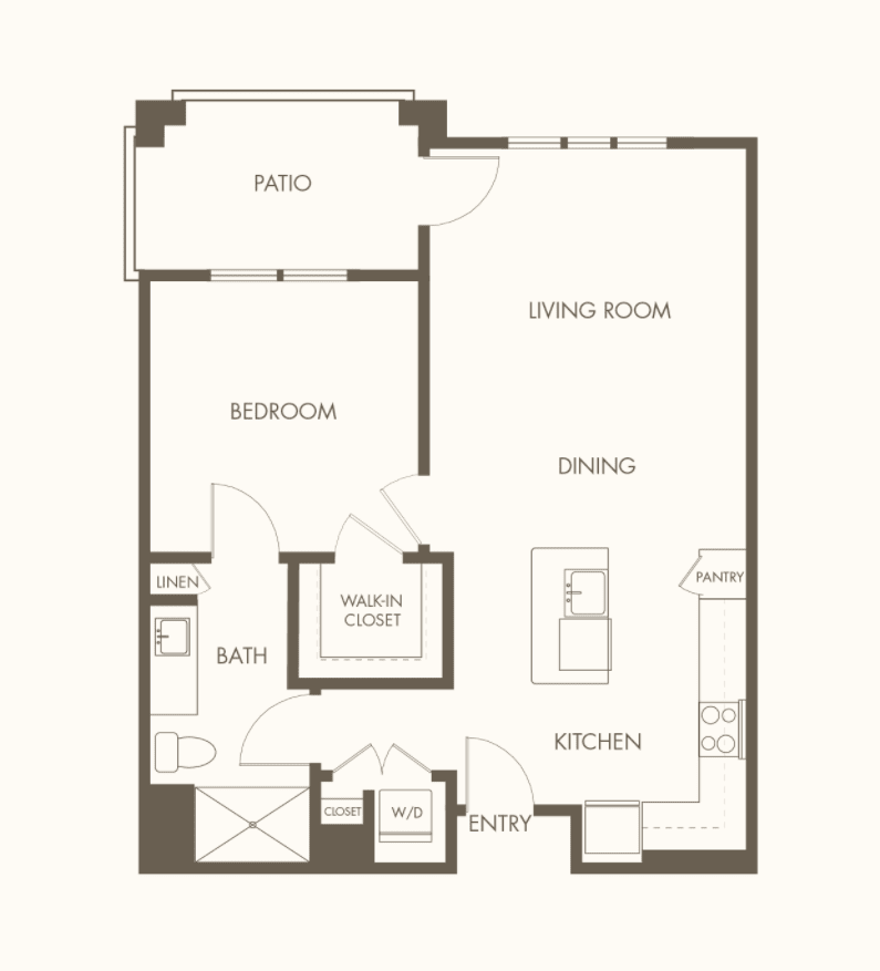 A floor plan of a one-bedroom apartment featuring a living room, dining area, kitchen, bathroom, bedroom, closet space, and a patio.