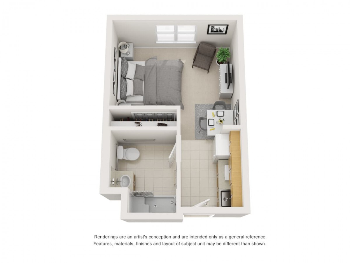 A 3D floor plan of a studio apartment featuring a bedroom, living area, kitchen, and bathroom.