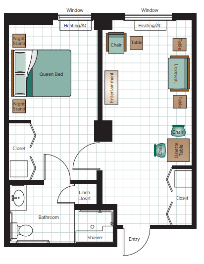 A floor plan of a one-bedroom apartment featuring a living room, kitchen, bathroom, and closet.