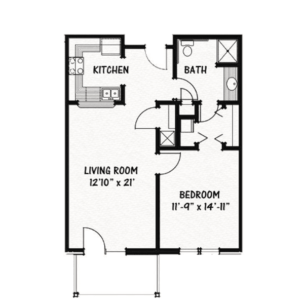 A floor plan depicting a one-bedroom apartment with a living room, kitchen, and bathroom.