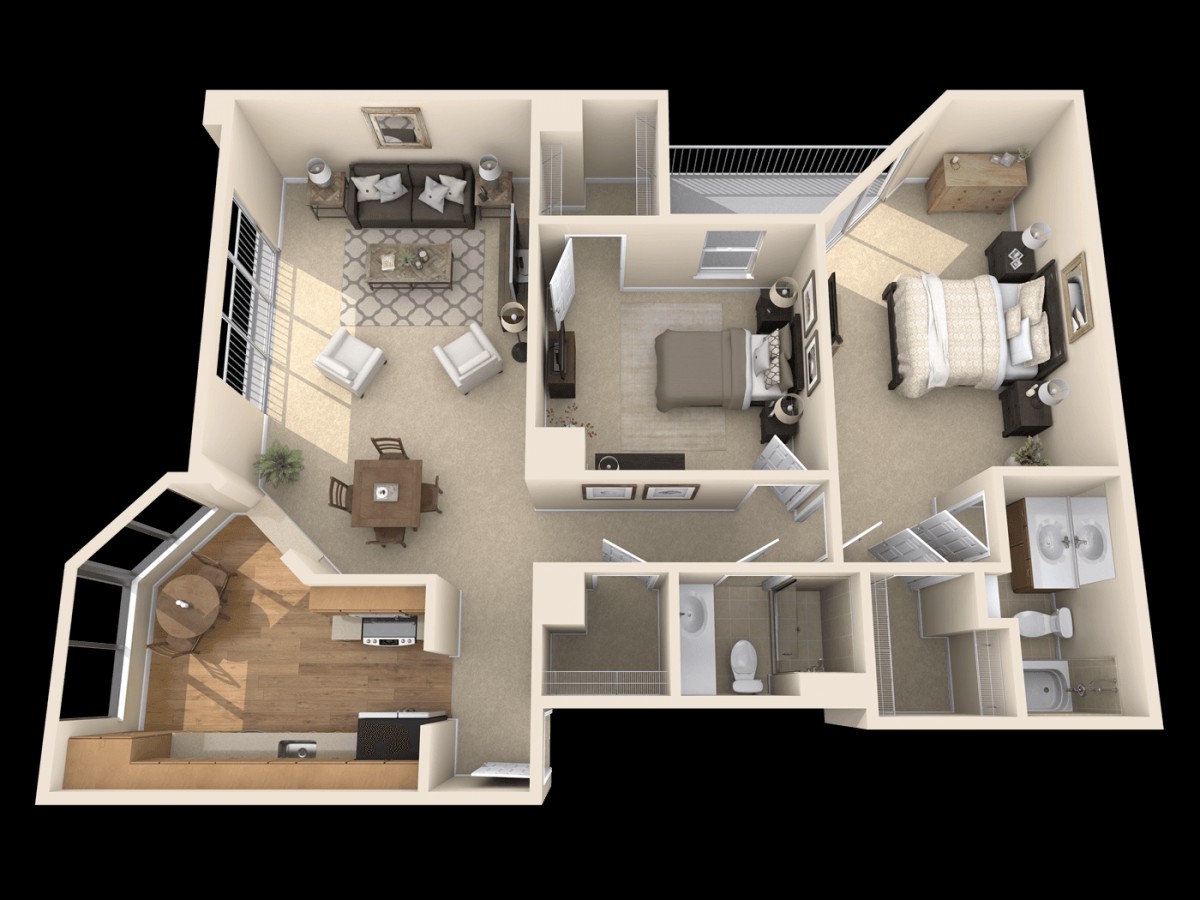A 3D rendering of an apartment floor plan showcasing a well-organized living space with two bedrooms, a kitchen, and a living area.