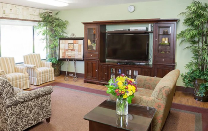 A cozy living room with a large television, elegant furniture, and a vase of colorful flowers on the coffee table.