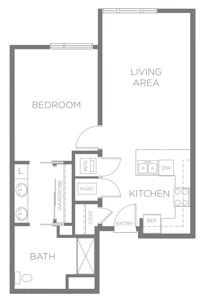 Floor plan of a one-bedroom apartment with living area and kitchen.