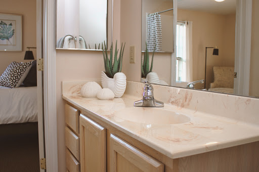 A well-organized bathroom vanity with a sleek marble countertop, decorative plants, and a mirror reflecting light.
