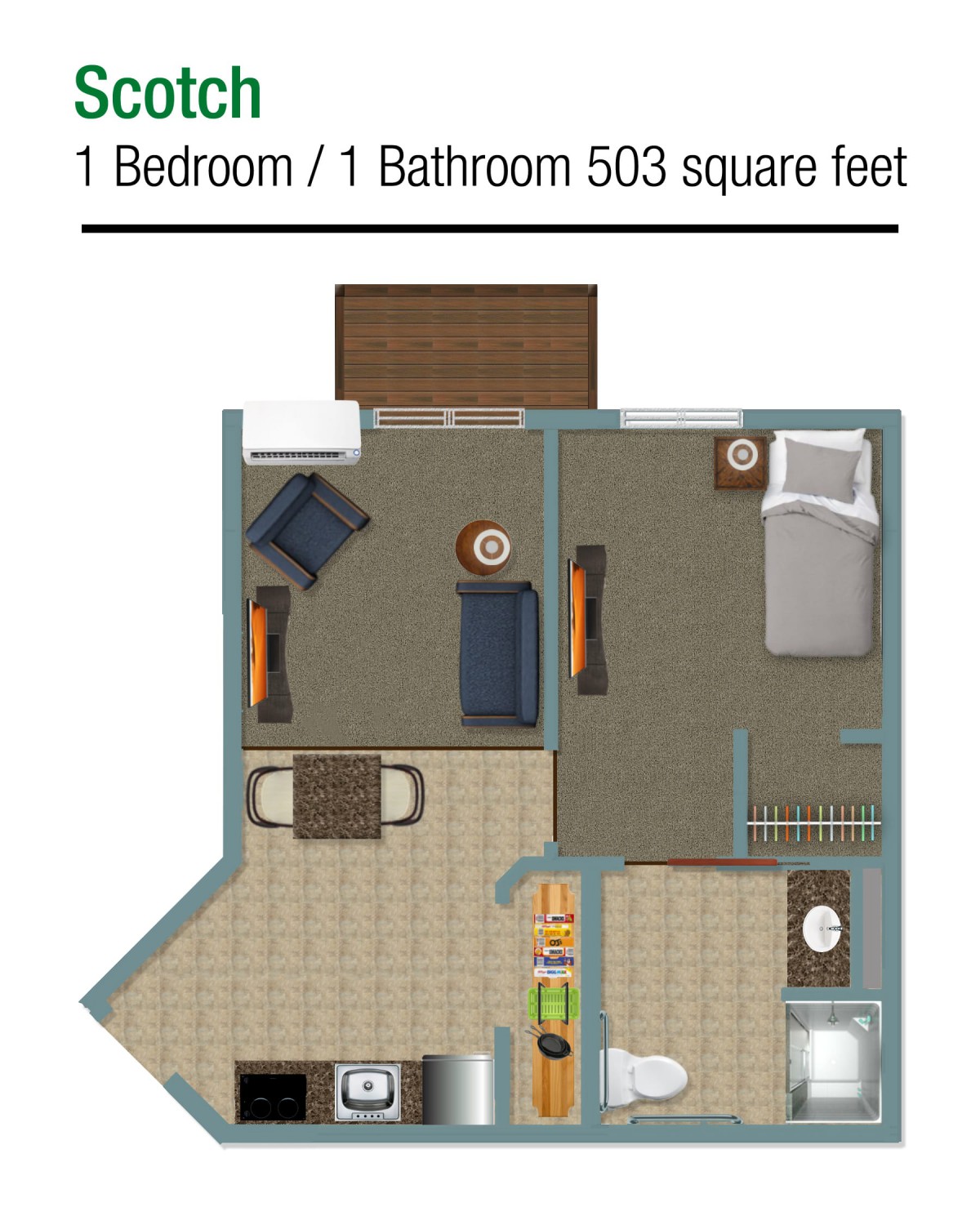 A floor plan of a 1 bedroom, 1 bathroom apartment with 503 square feet.