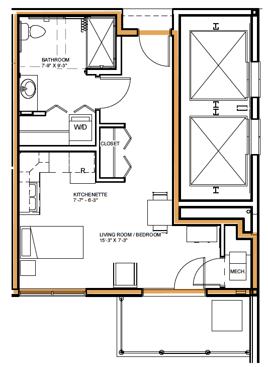 Architectural floor plan of an apartment showing the layout and interior design.