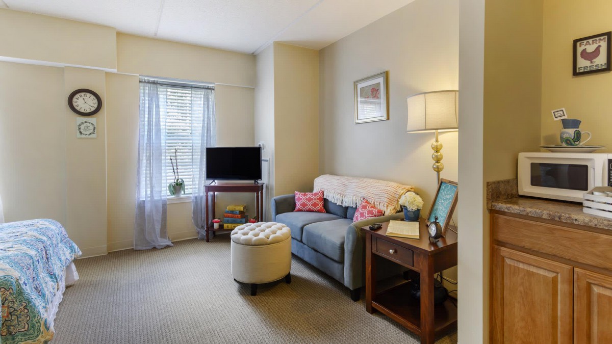 A cozy living room with a sofa, TV, and decorative elements.