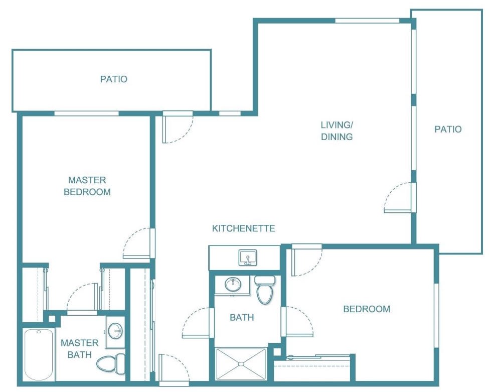 This is a floor plan of an apartment featuring two bedrooms, two bathrooms, a kitchenette, a living/dining area, and a patio.