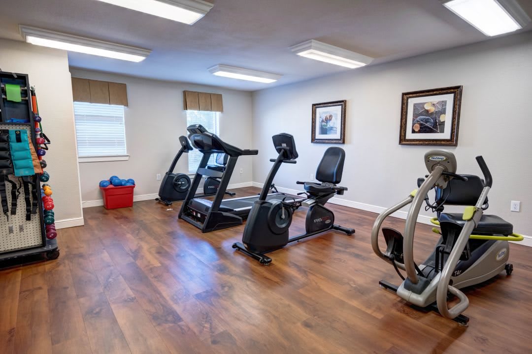 A well-equipped gym room featuring treadmills and stationary bikes.