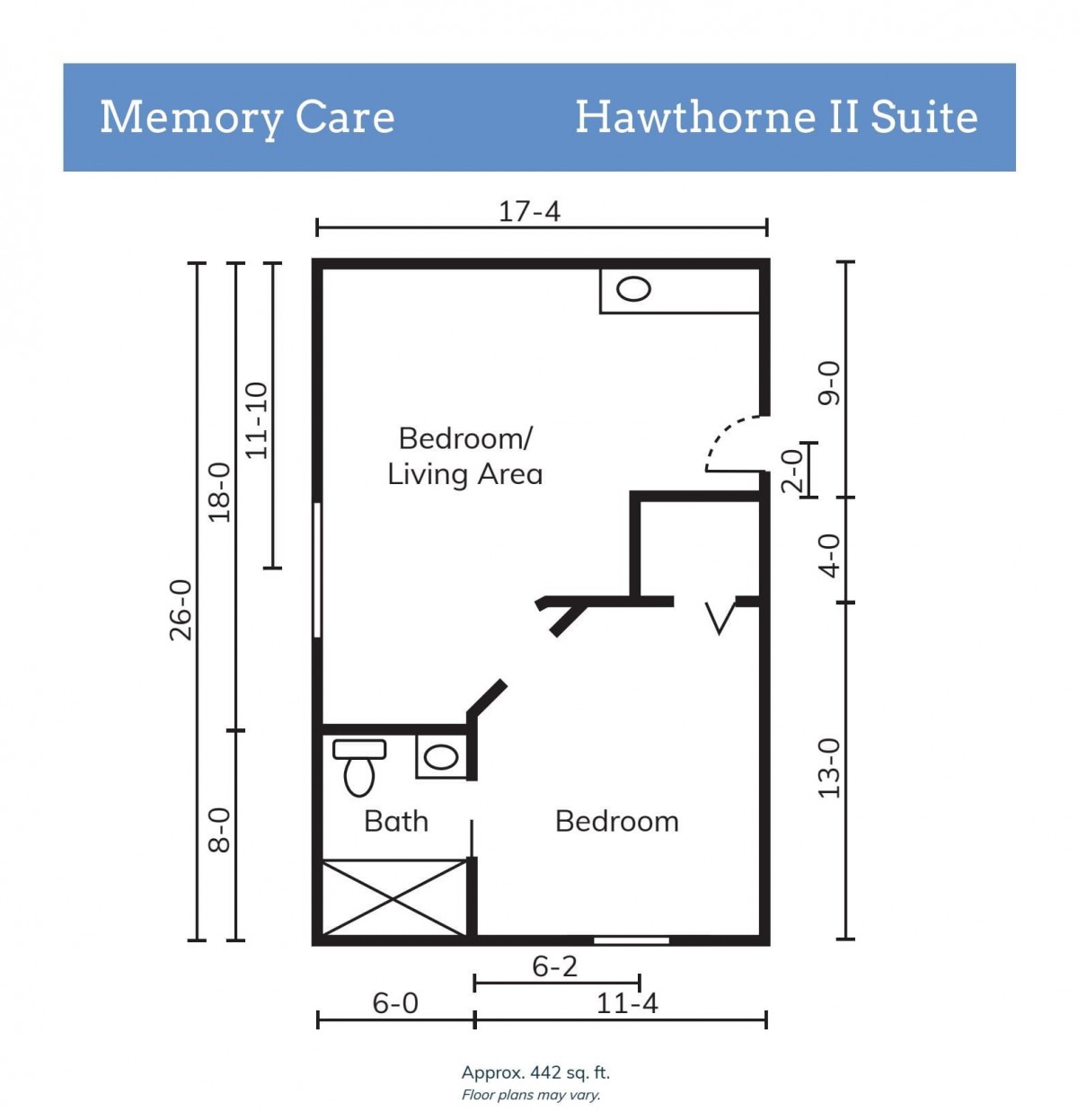 Floor plan of a Memory Care Hawthorne II Suite showcasing room dimensions and layout.