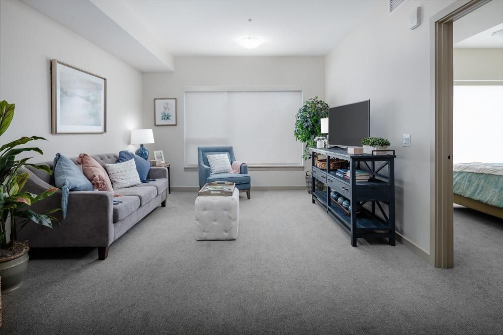 A cozy living room with a sofa, armchair, television, and decor accents.