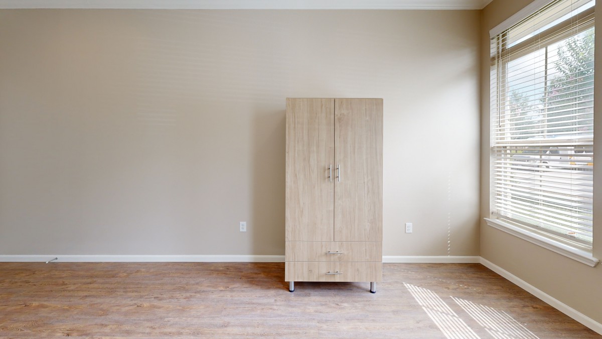 A minimalist wooden wardrobe in an empty room with neutral walls.