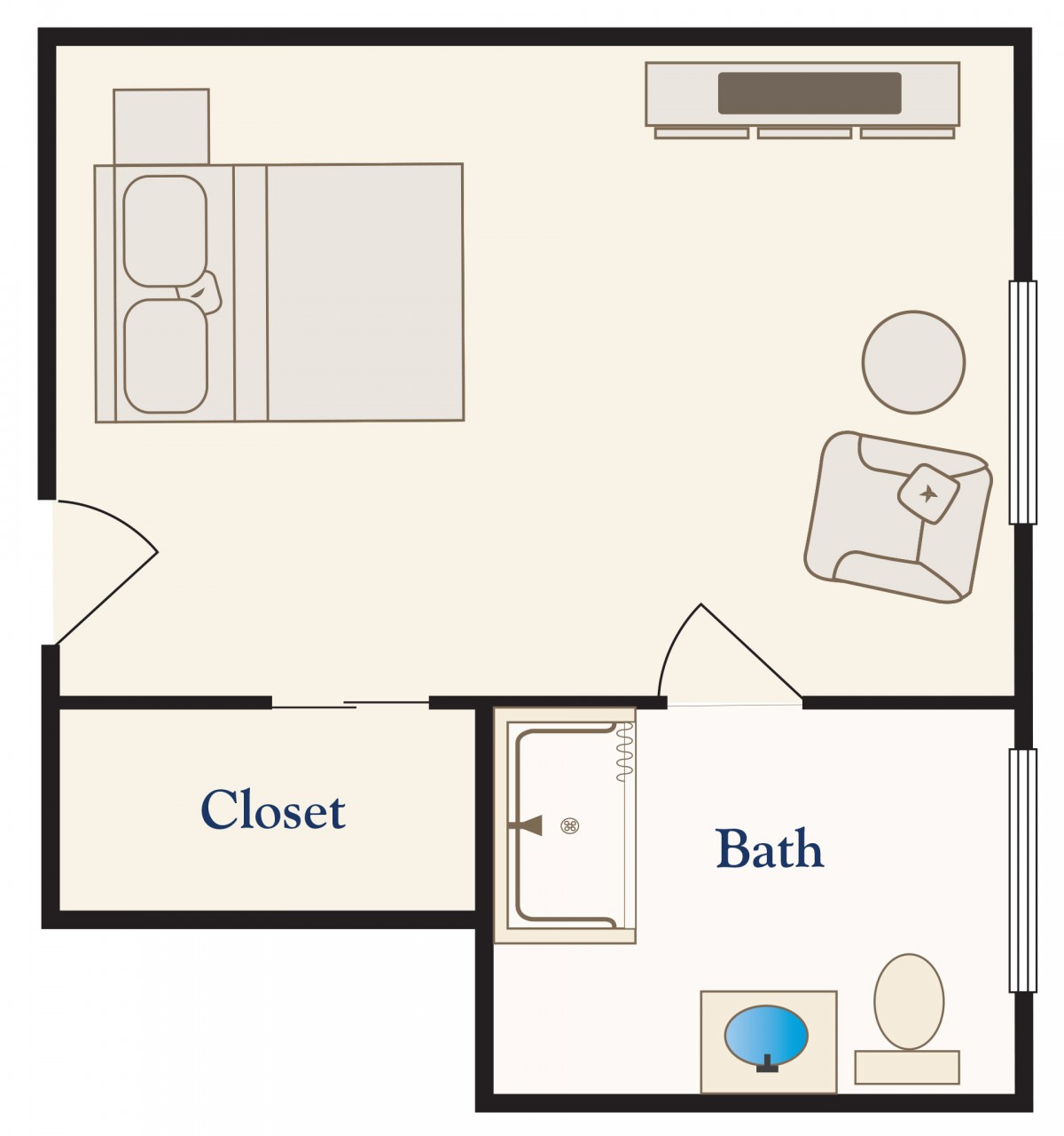 A simple floor plan of a bedroom with an attached bathroom and closet.