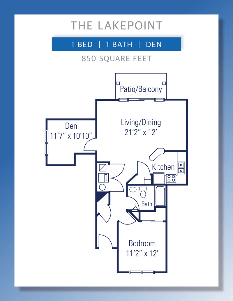 Floor plan of a two-bedroom, one-bathroom apartment with a den and patio/balcony.