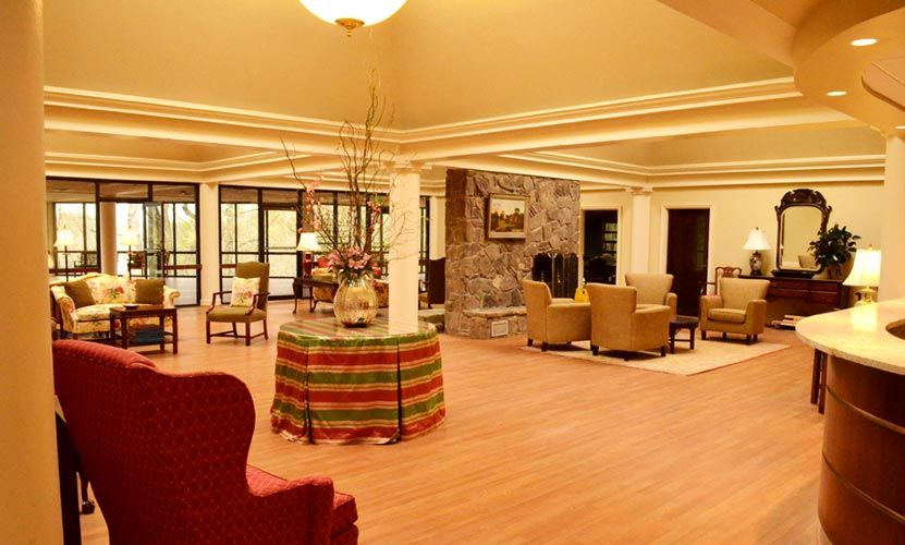 Spacious lobby area with comfortable seating and elegant decor.