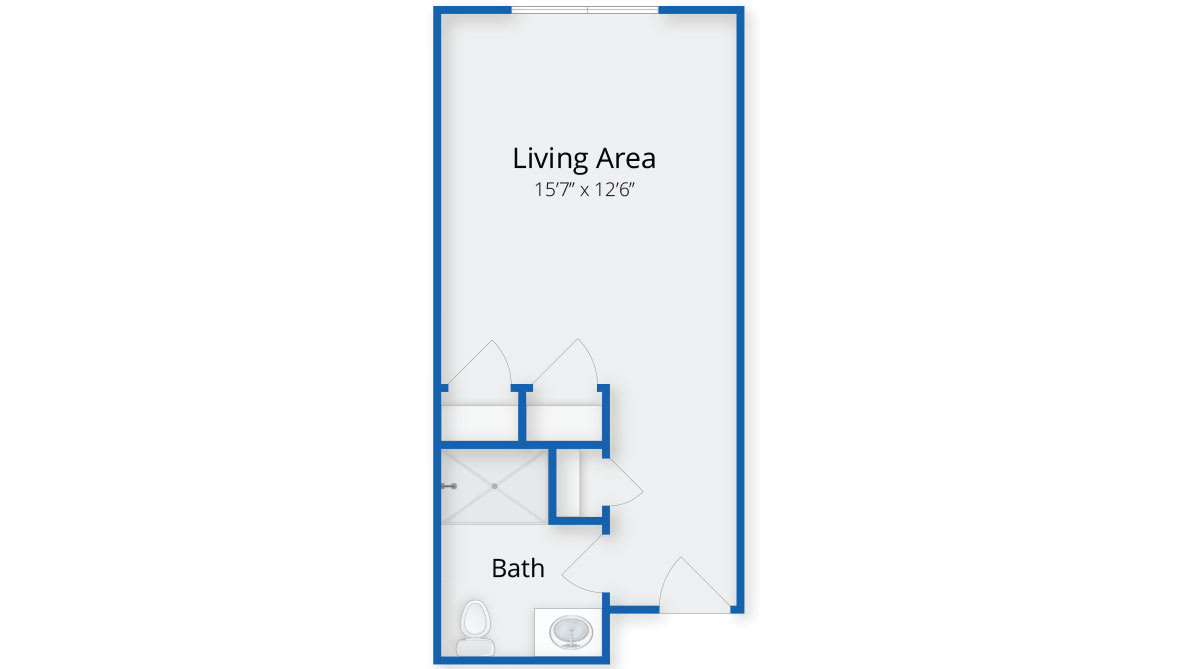 A simple floor plan showing a living area and bathroom layout.