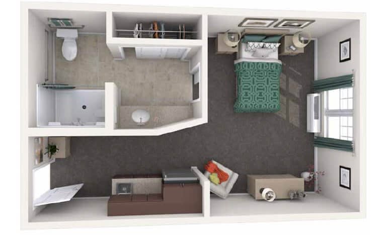A top-down view of a modern apartment floor plan featuring a bedroom and bathroom.