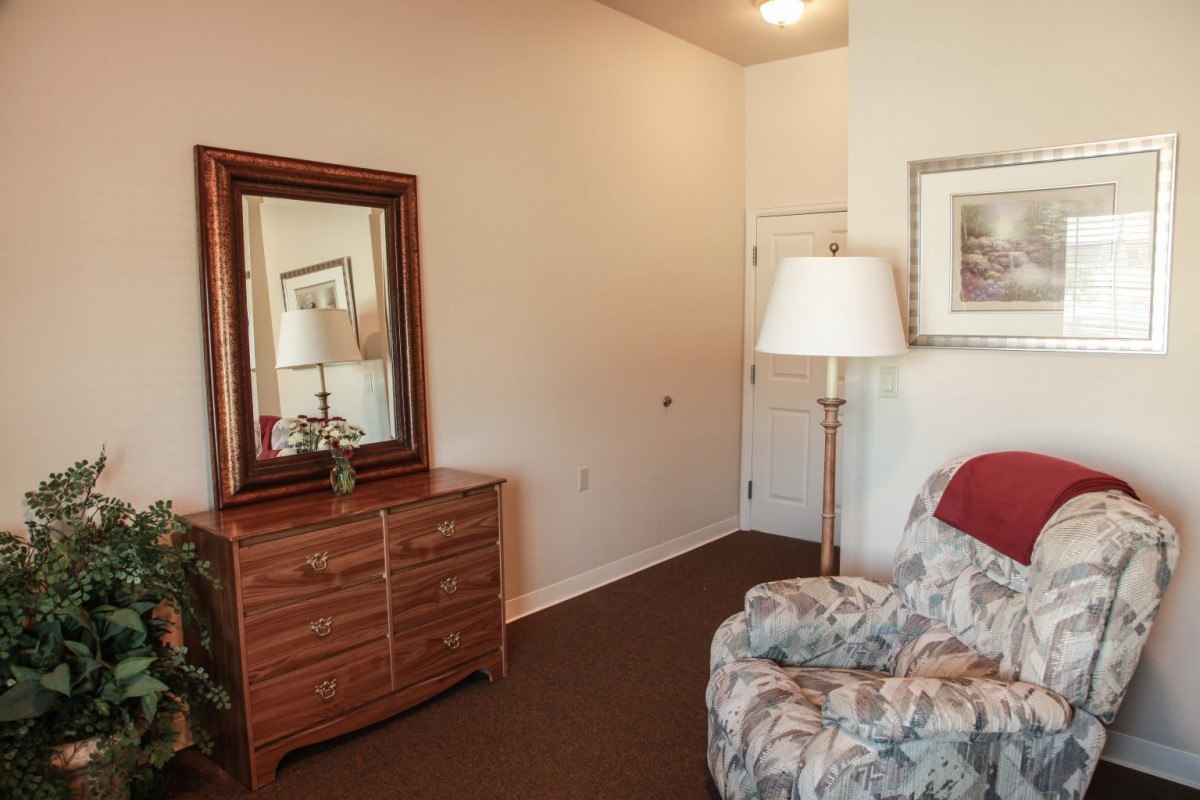 A cozy room interior with a dresser and mirror, a lamp, and a floral patterned chair.
