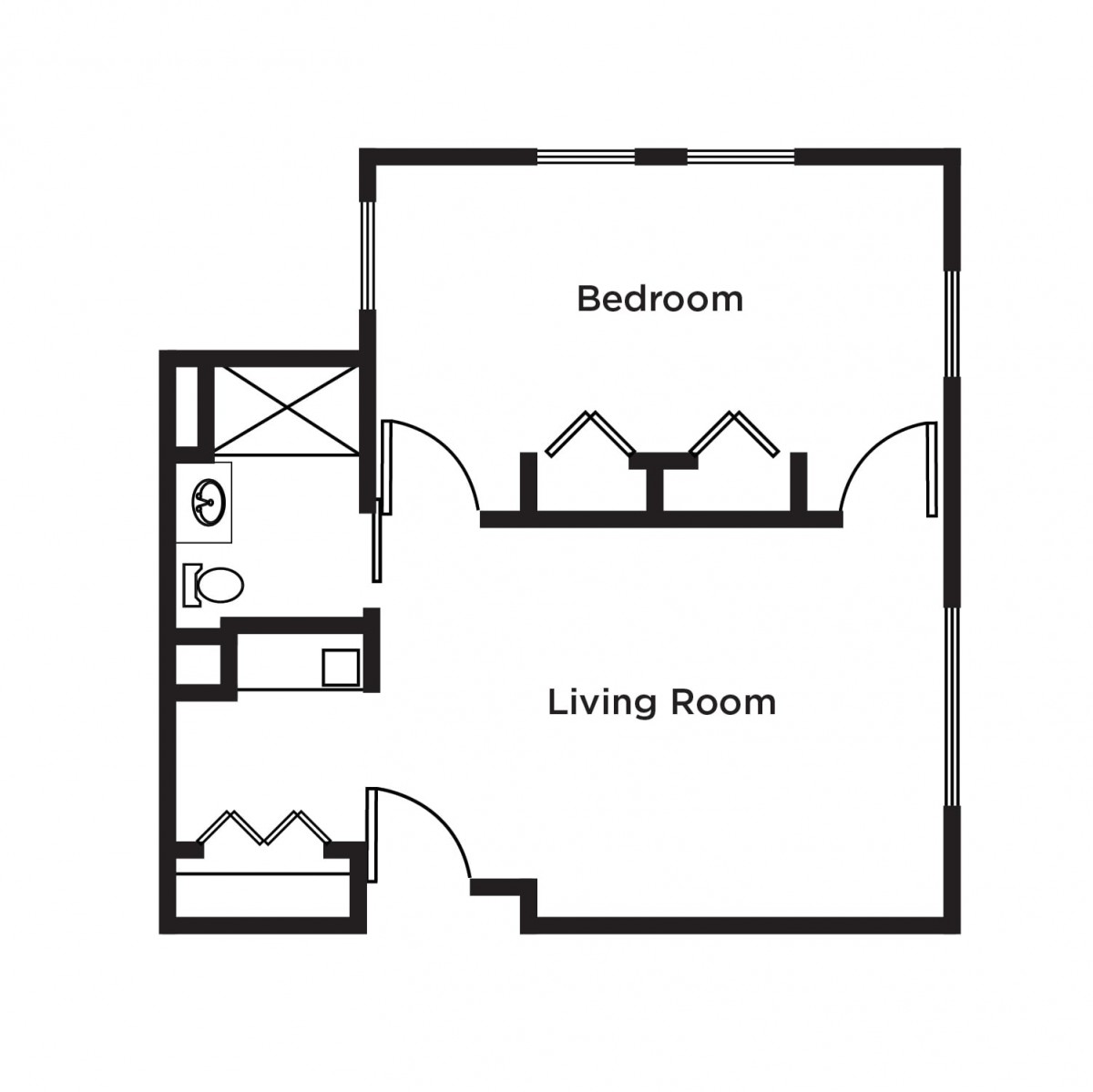 A simple apartment floor plan showing a bedroom, living room, and bathroom.