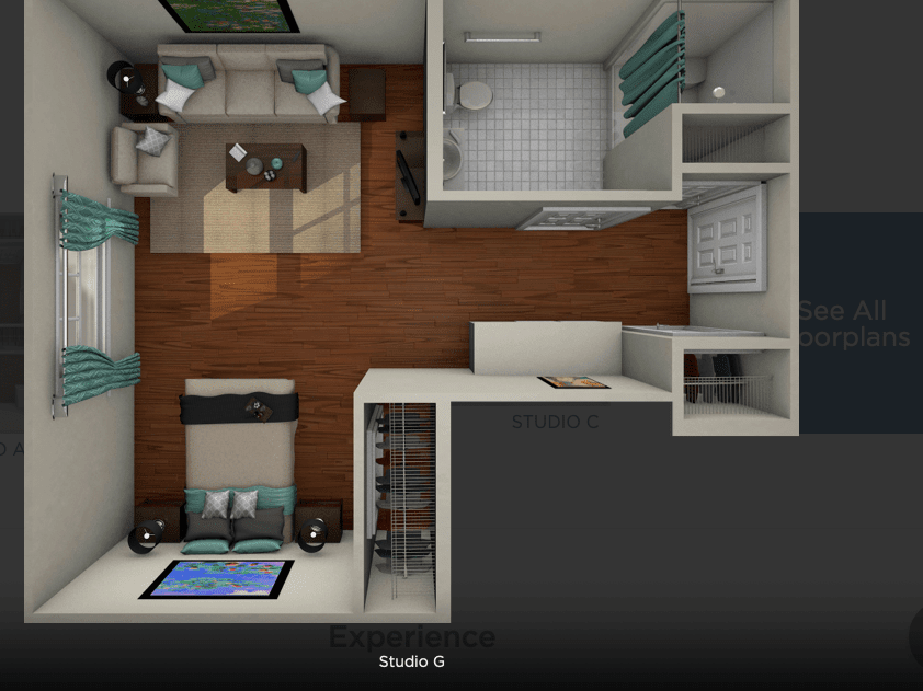 A top-view floor plan of a compact studio apartment showcasing the layout with furniture and amenities.
