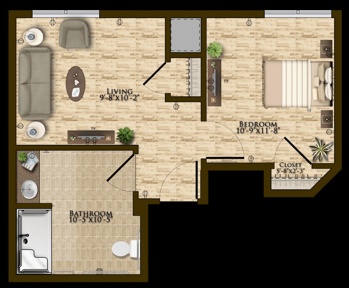 A detailed floor plan of a modern apartment featuring a bedroom, bathroom, living room, and kitchen.