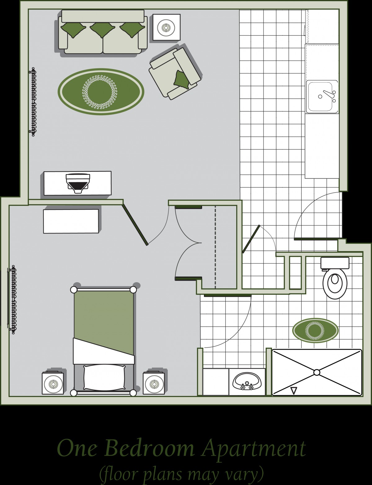A detailed floor plan of a one-bedroom apartment, showcasing the living room, kitchen, and bathroom layout.