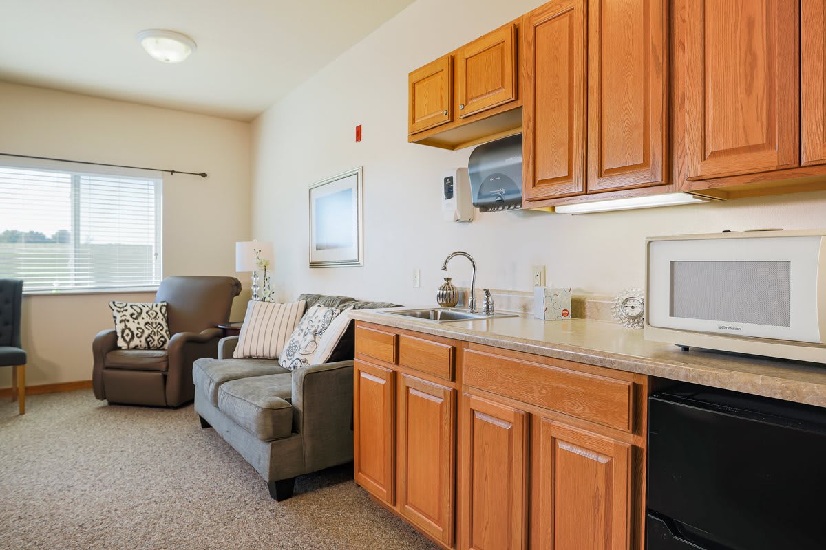 Compact living area featuring a kitchenette with wooden cabinets and a cozy sofa.