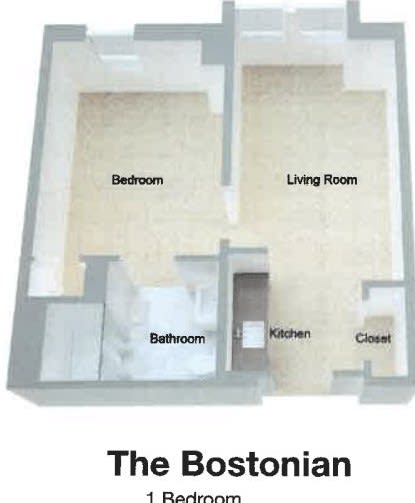A one-bedroom apartment floor plan showing the bedroom, living room, kitchen, bathroom, and closet.
