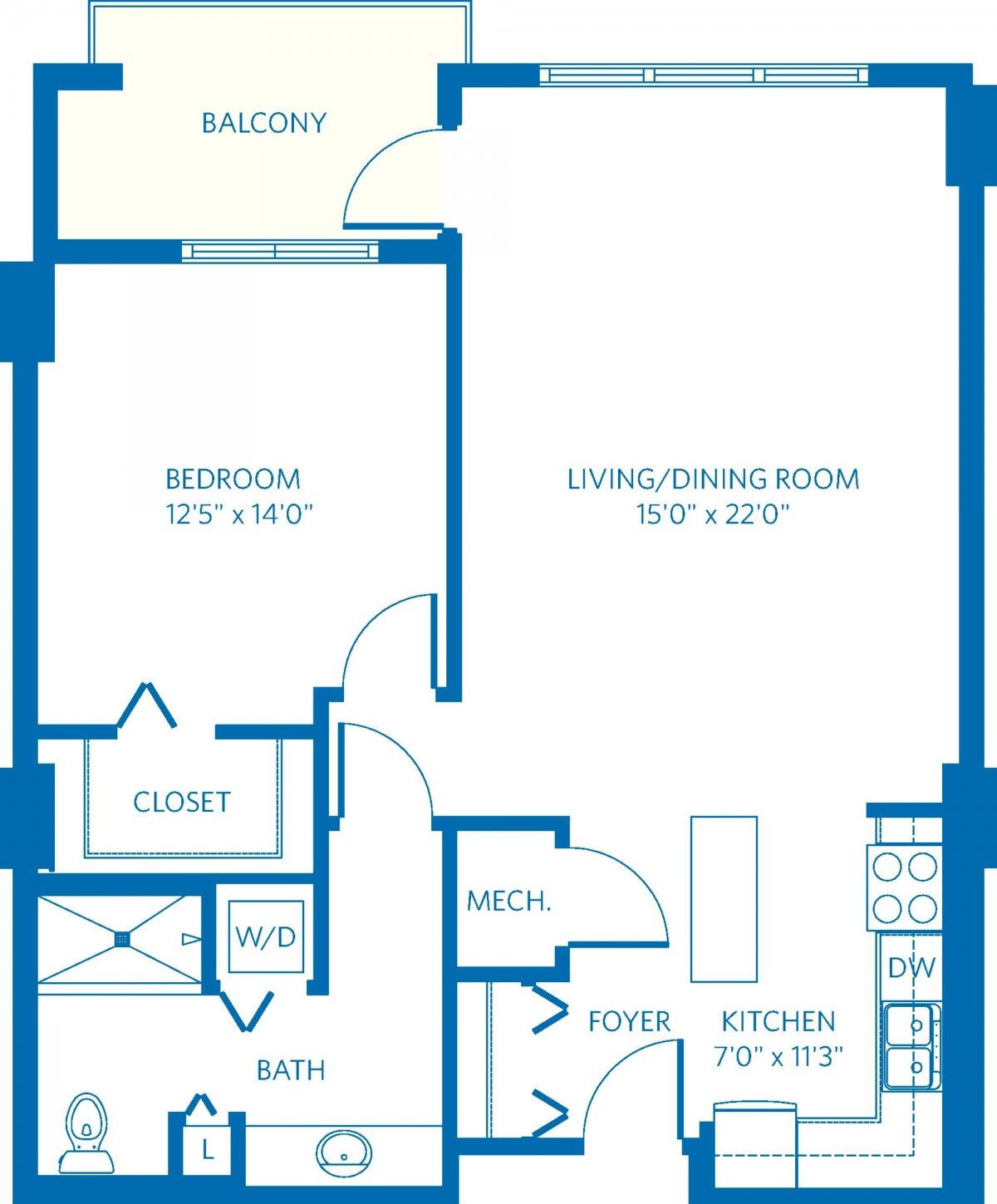 A floor plan of a one-bedroom apartment featuring a living/dining room, kitchen, bathroom, and balcony.