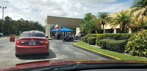 A drive-through scene at an outdoor event with a canopy, palm trees, and cars lined up.