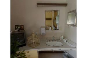 A bathroom with a sink, mirror, and soap dispenser on the countertop.