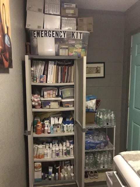 A well-organized emergency kit stored in a cabinet, stocked with various supplies and essentials.