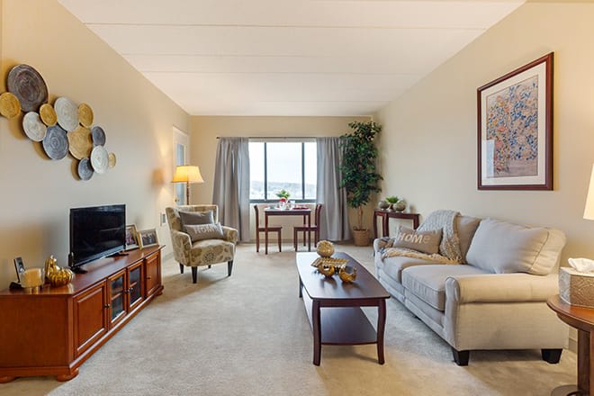 A cozy living room featuring a comfortable sofa, coffee table, and a television set. The room is well-lit with natural light coming through a large window with elegant curtains.