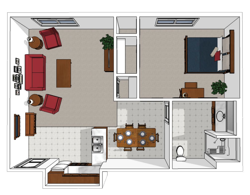 A detailed floor plan of a one-bedroom apartment featuring a living room, kitchen, dining area, bathroom, and bedroom.