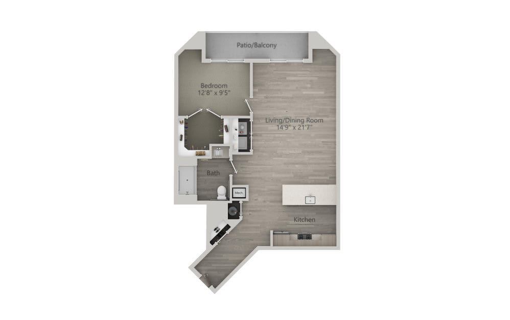 Floor plan of a one-bedroom apartment with a kitchen, living room, and balcony.
